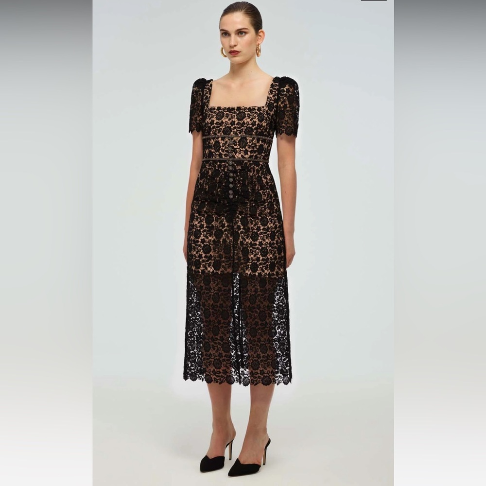 Self-Portrait Black Guipure Fitted Midi Dress, Size US 6